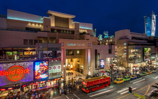 Hollywood Boulevard at night, Hollywood & Highland with tour bus, Dolby Theatre and Hard Rock Cafe