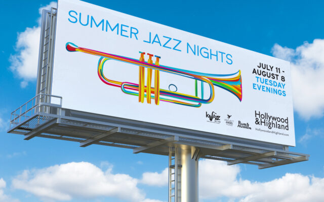 Billboard with colorful trumpet design for summer jazz nights jazz concert blue sky and clouds
