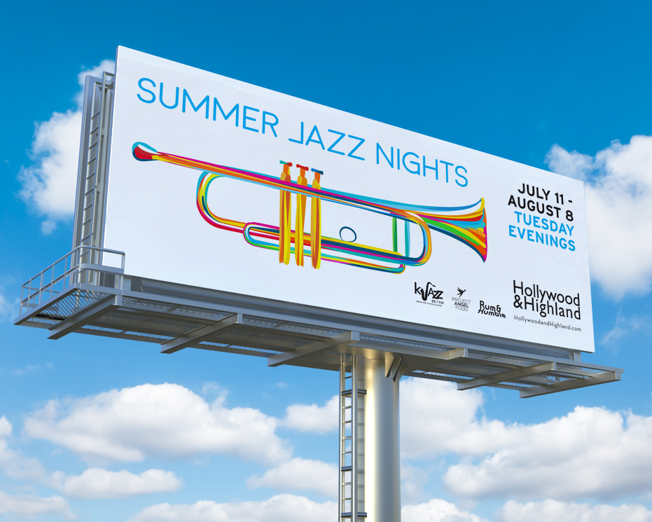 Billboard with colorful trumpet design for summer jazz nights jazz concert blue sky and clouds